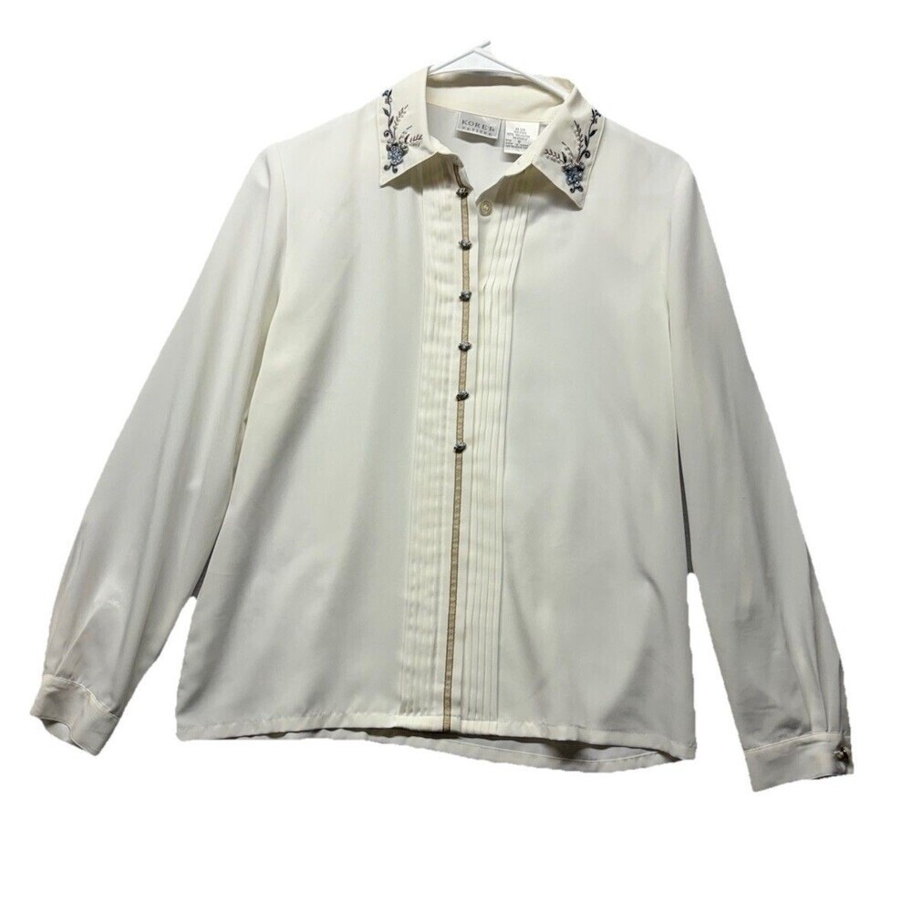 Vintage Koret White Blouse 90s Embroidered Collar Button Up Shirt Sz 6 Coquette